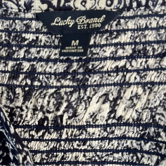 Lucky Brand Long Sleeve Blue Cream Blouse Top Button Up Peasant V-Neck Women's M - Picture 6 of 6